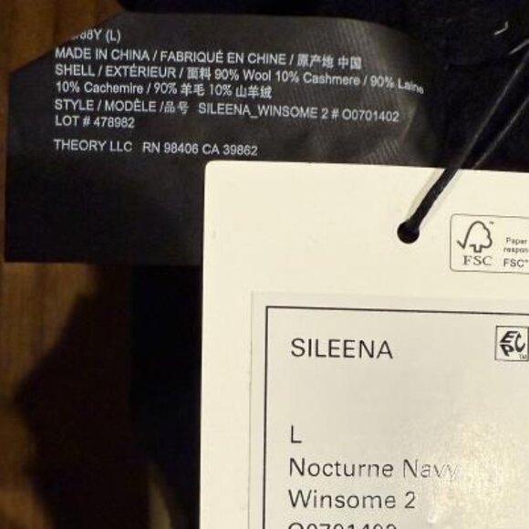 Theory Sileena Nocturne Navy Winsome 2 Wool Cashmere Blend, L, NWT $595 - Picture 4 of 5